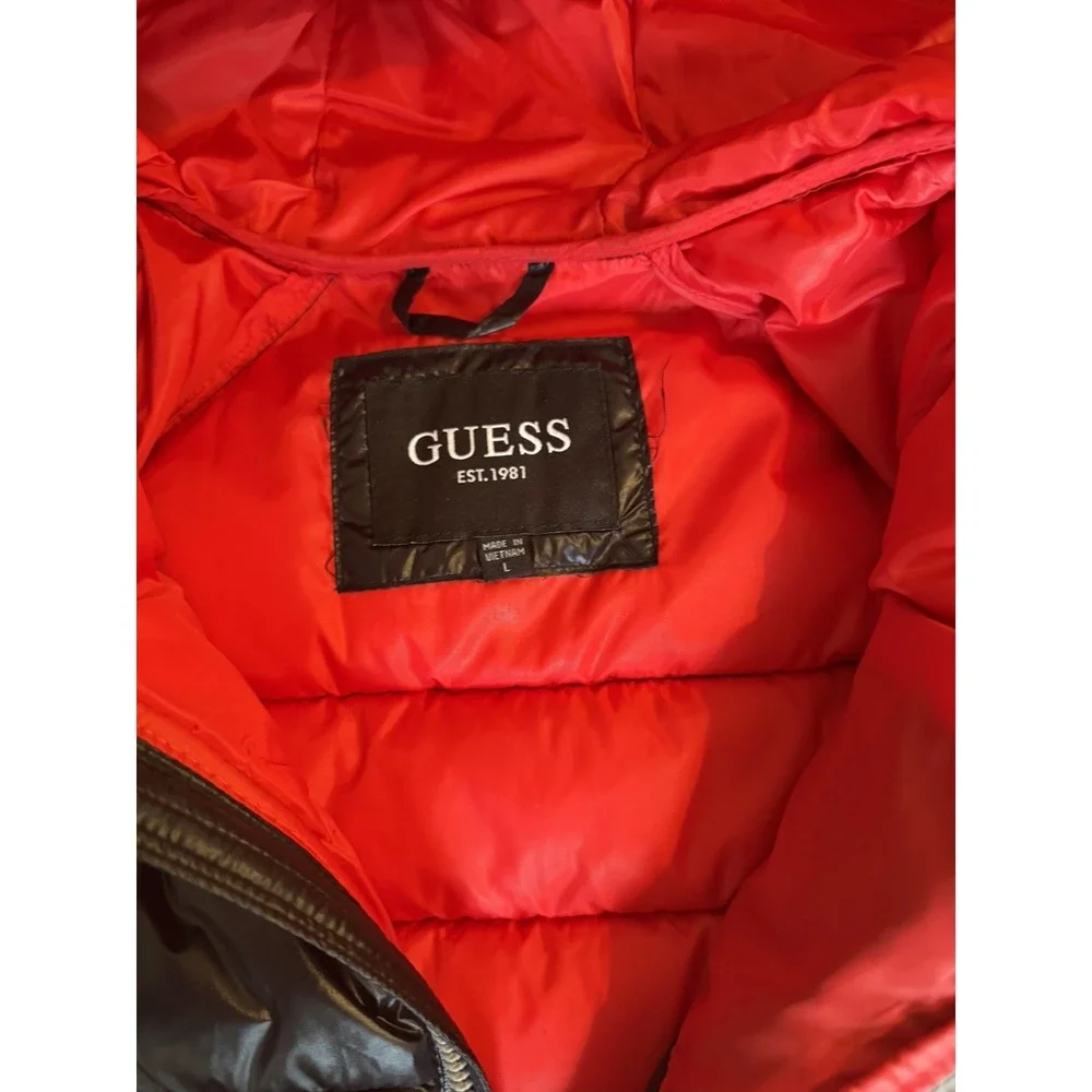 Guess Puffer Jacket Hooded Men's Large Black Red Interior New NWOT